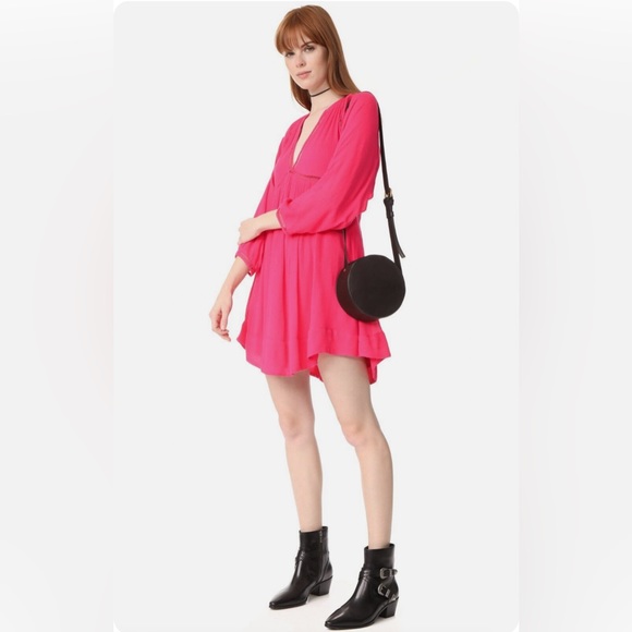 NEW! Free People Go Lightly Swing Dress V Neck Long Sleeve Boho Pink SZ M - Picture 5 of 15